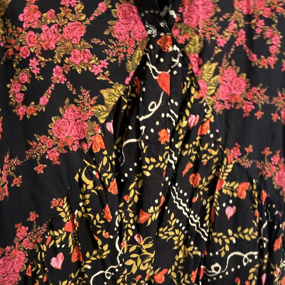 Free People Mixed Floral Heart Print V-Neck Ruffle Mini Dress Black Pink XS - Picture 3 of 4